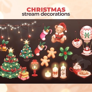 Peut inclure: Ensemble d'illustrations numériques sur le thème de Noël. Comprend un sapin de Noël, un ours en peluche en costume de Père Noël, des bonhommes en pain d'épices, des bas, des bougies et une montgolfière avec un Père Noël dans une tasse. Le texte "CHRISTMAS stream decorations" est en haut.