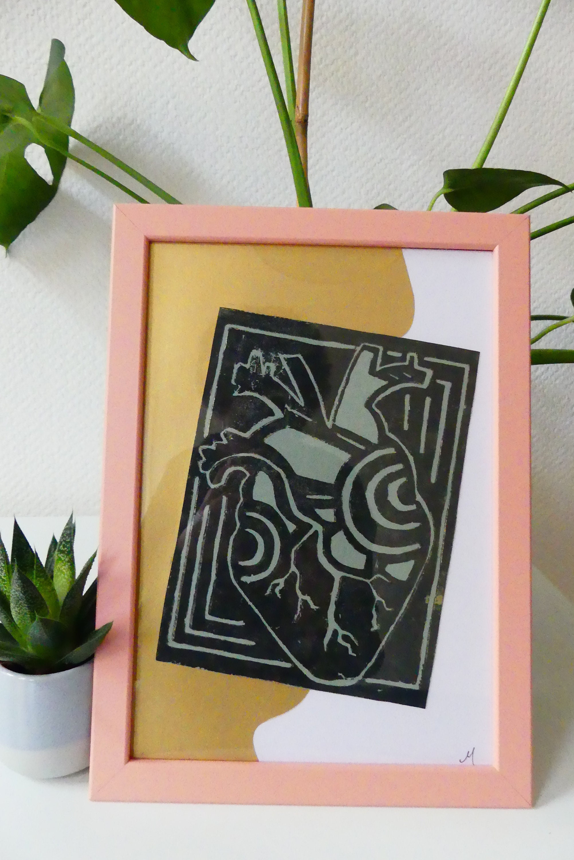 Coeur - Linogravure Encadrée Imprimée à La Main