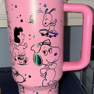 Laser Engraved "Peanuts", 24oz/32oz Water bottle and 40oz Stainless Steel tumbler light pink w/rainbow