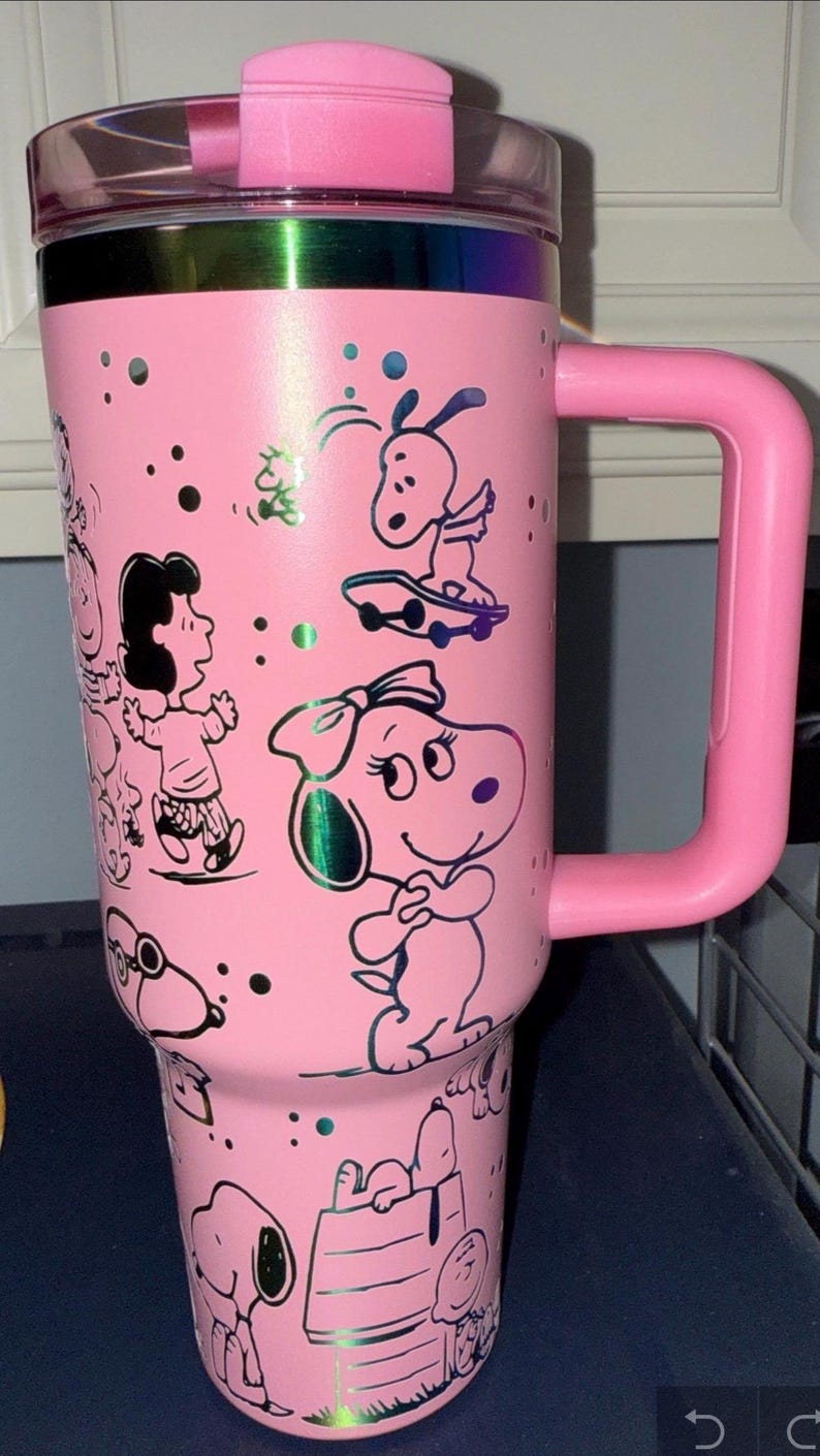 Laser Engraved "Peanuts", 24oz/32oz Water bottle and 40oz Stainless Steel tumbler light pink w/rainbow