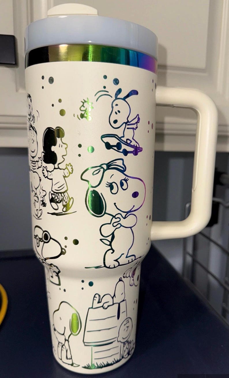 Laser Engraved "Peanuts", 24oz/32oz Water bottle and 40oz Stainless Steel tumbler cream w/rainbow