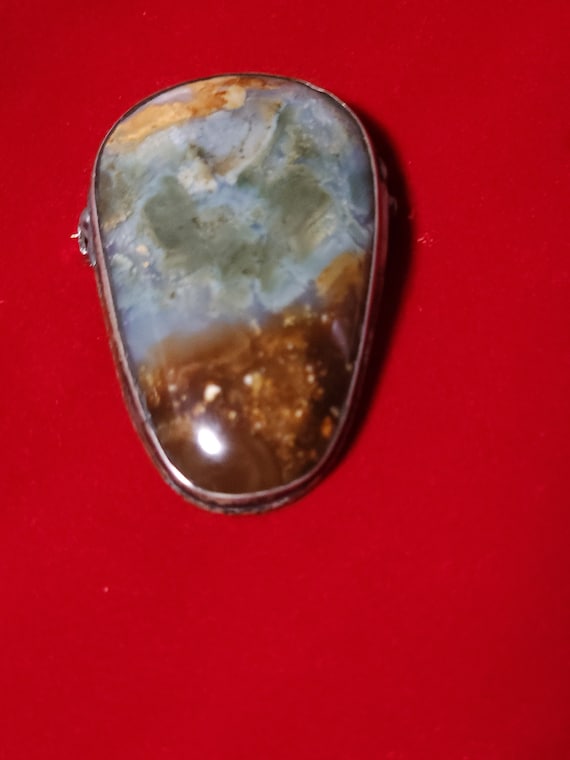 Moss agate and sterling silver vintage brooch. Be… - image 1