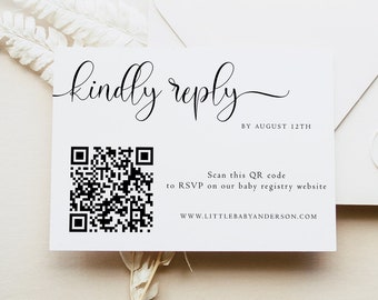 QR Code Wedding Rsvp Cards, Online Reply Card Template, Modern Minimalist, 100% Editable Text, Diy, Digital Download