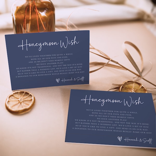 Wedding Honeymoon Wishes Card, Honeymoon Fund Card, In Lieu of Gifts, Navy, Editable Template, Digital Download