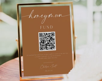 Honeymoon Fund Sign, Venmo Honeymoon Wish, Wedding QR Code Sign Printable, Boho, Minimalist, Editable Template, Instant Download, Corjl