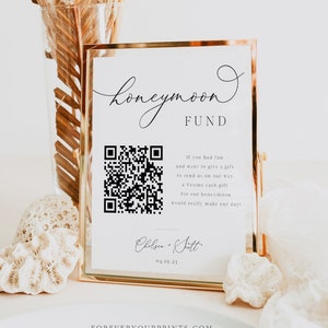 Honeymoon Fund Sign, Venmo Honeymoon Wish, Wedding QR Code Sign Printable, Minimalist, Editable Template, Instant Download, Corjl