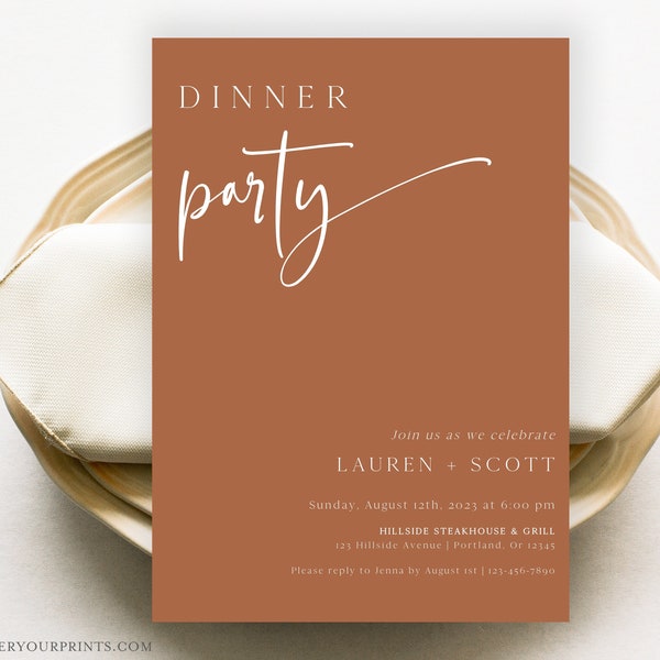 Dinner Party Invitation Template, Rehearsal Dinner Invite, Birthday Dinner Evite, Minimalist, Terracotta, Printable, Instant Download