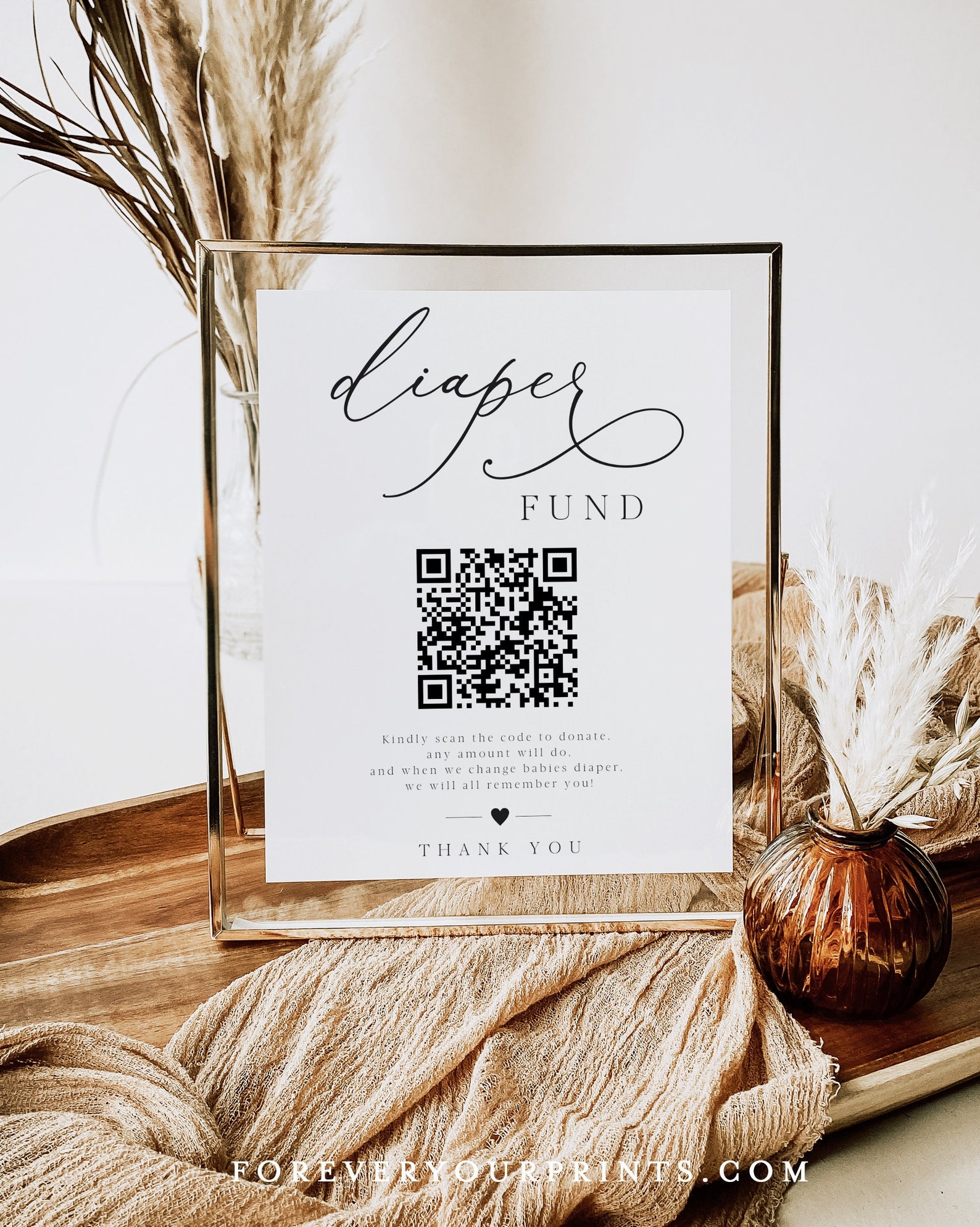 Diaper Fund Sign, Baby Shower Sign, Cash Gift Sign, QR Code, Minimalist