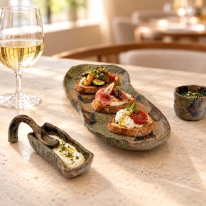 Könnte beinhalten: Eine lange, unregelmäßig geformte Servierplatte aus Keramik in Grüntönen mit drei Bruschetta-Stücken, eine kleine rechteckige Keramikschale mit passendem Löffel und weißem Aufstrich sowie eine kleine grüne Keramikschale mit Kräutern.