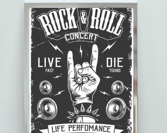 ROCK & ROLL Print Instant Download Printable Home Decor, Skull Poster Wall Music Poster Gift, Downloadable Music Poster