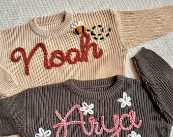 Benutzerdefinierter handbestickter Babynamen-Pullover, personalisierter Baby-Namenspullover, neugeborenes Geschenk für neue Mutter, neugeborenes Geschenk für Baby-Jungen und Mädchen