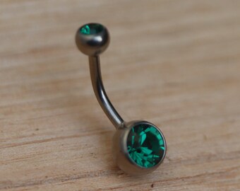 12mm Titanium Belly Bar Emerald Green Double Jewelled Navel Ring 1.6mm x 1/2" Belly Button Bar