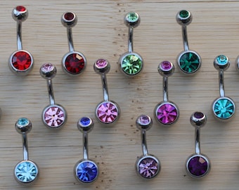 Belly Bar Clear Red Pink Blue Green Purple AB Black Double Jewelled Crystal Navel Rings 6mm 8mm 10mm 12mm 14mm 16mm Size