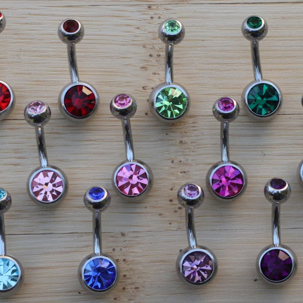 Belly Bar Clear Red Pink Blue Green Purple AB Black Double Jewelled Crystal Navel Rings 6mm 8mm 10mm 12mm 14mm 16mm Size