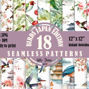 18 Birds (Japan Style) Seamless Patterns Instant Printing and Commercial Use Digital Paper Fabric Patterns Gift Wrapping Paper