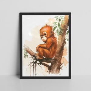 Cute orangutan baby sitting on a tree. Motif for nursery