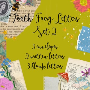May include: A collage of images with a yellow background and the text "Fairy Letters Set 2" in black. The collage includes images of flowers, stars, a bee, a map, and a mushroom. The text below the title says "3 envelopes, 2 written letters, 3 blank letters."