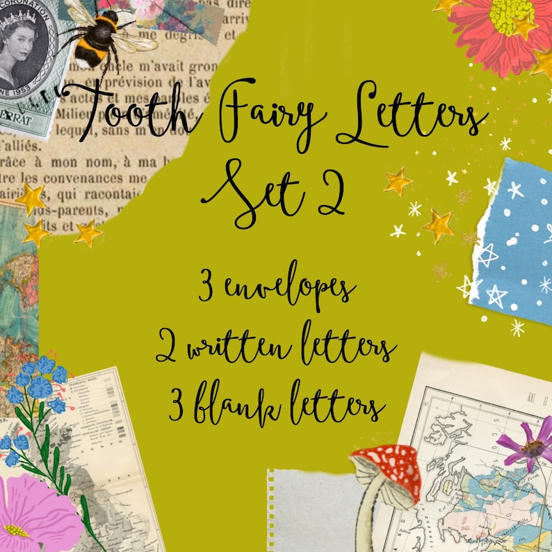 May include: A collage of images with a yellow background and the text "Fairy Letters Set 2" in black. The collage includes images of flowers, stars, a bee, a map, and a mushroom. The text below the title says "3 envelopes, 2 written letters, 3 blank letters."