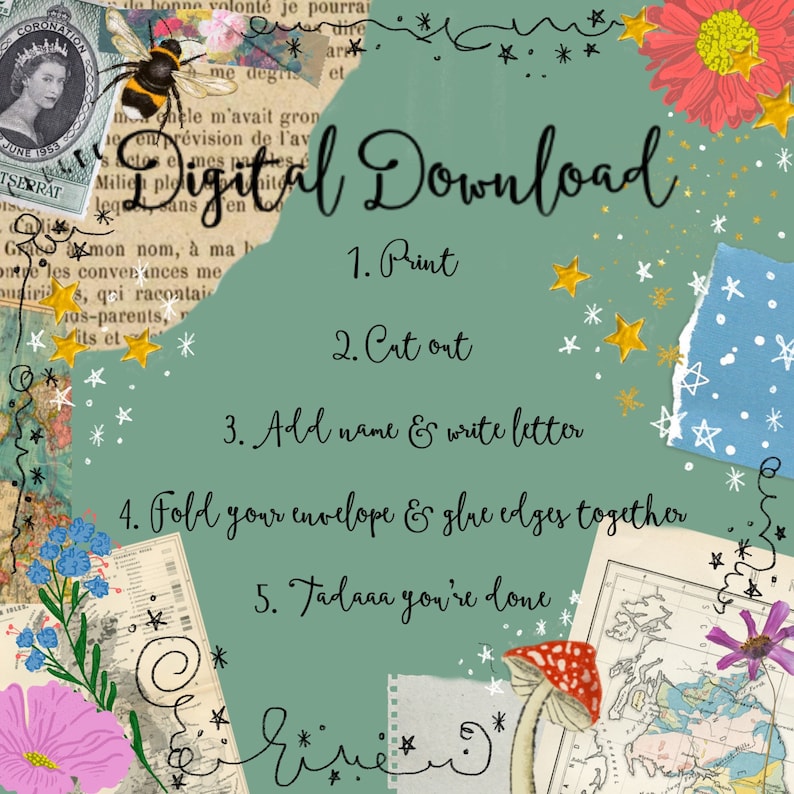 Puede incluir: Una descarga digital imprimible con instrucciones sobre c&oacute;mo hacer un sobre. Las instrucciones son: 1. Imprimir, 2. Recortar, 3. Agregar nombre y escribir una carta, 4. Doblar el sobre y pegar los bordes juntos, 5. Tadaaa, ya est&aacute; hecho. El fondo es un collage de papel verde, azul y blanco con estrellas, flores y una abeja.