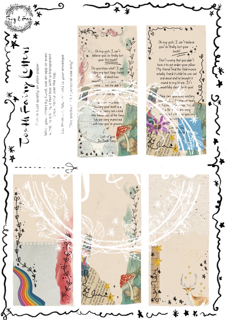 May include: Four printable tooth fairy letter cards with whimsical illustrations and text. The cards feature a rainbow, a mushroom, a deer, and a floral design. The text on the cards includes messages from the tooth fairy.