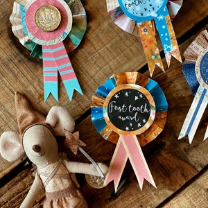 Puede incluir: Una colección de cintas de premios hechas a mano con rosetas de papel de colores y cintas decorativas. Una cinta presenta una moneda, mientras que otras tienen el texto "Super shiny tooth Award" y "First tooth award". También hay una pequeña muñeca ratón.