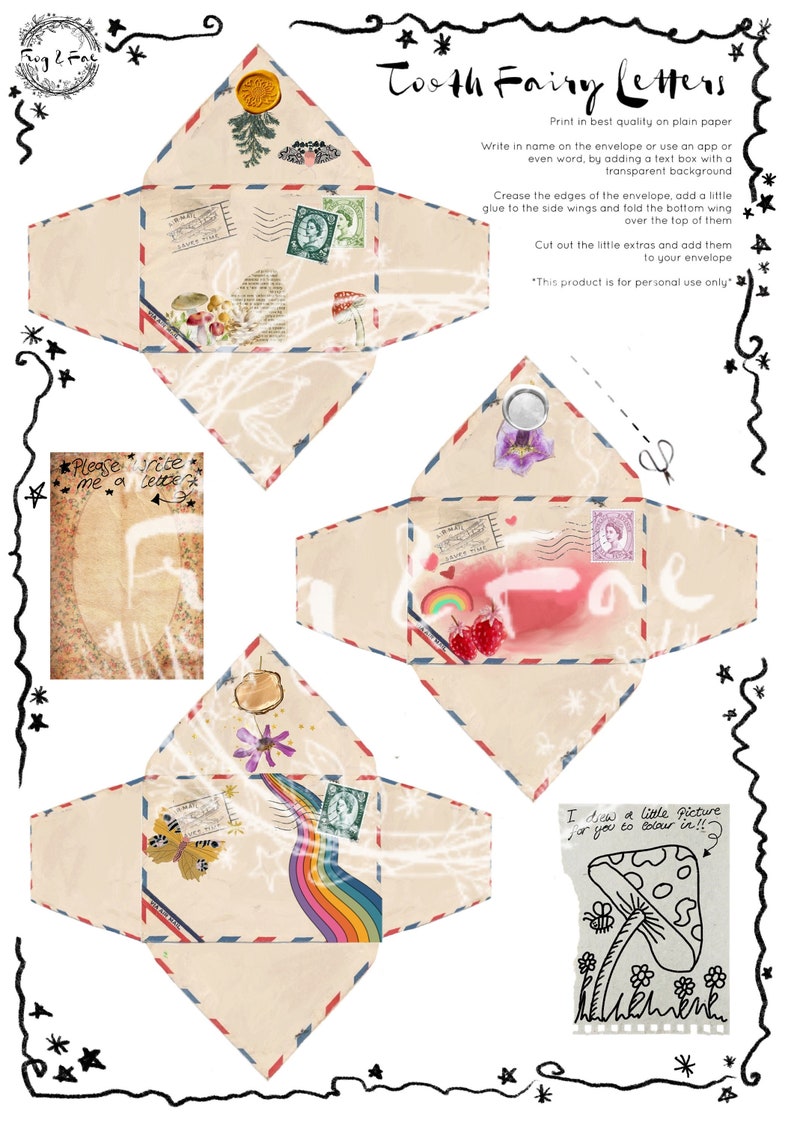 May include: Printable tooth fairy letter templates with a vintage aesthetic. The set includes three different envelope designs with whimsical illustrations and a coloring page of a mushroom. The text on the page reads "Please write me a letter" and "I drew a little picture for you to color in!!"