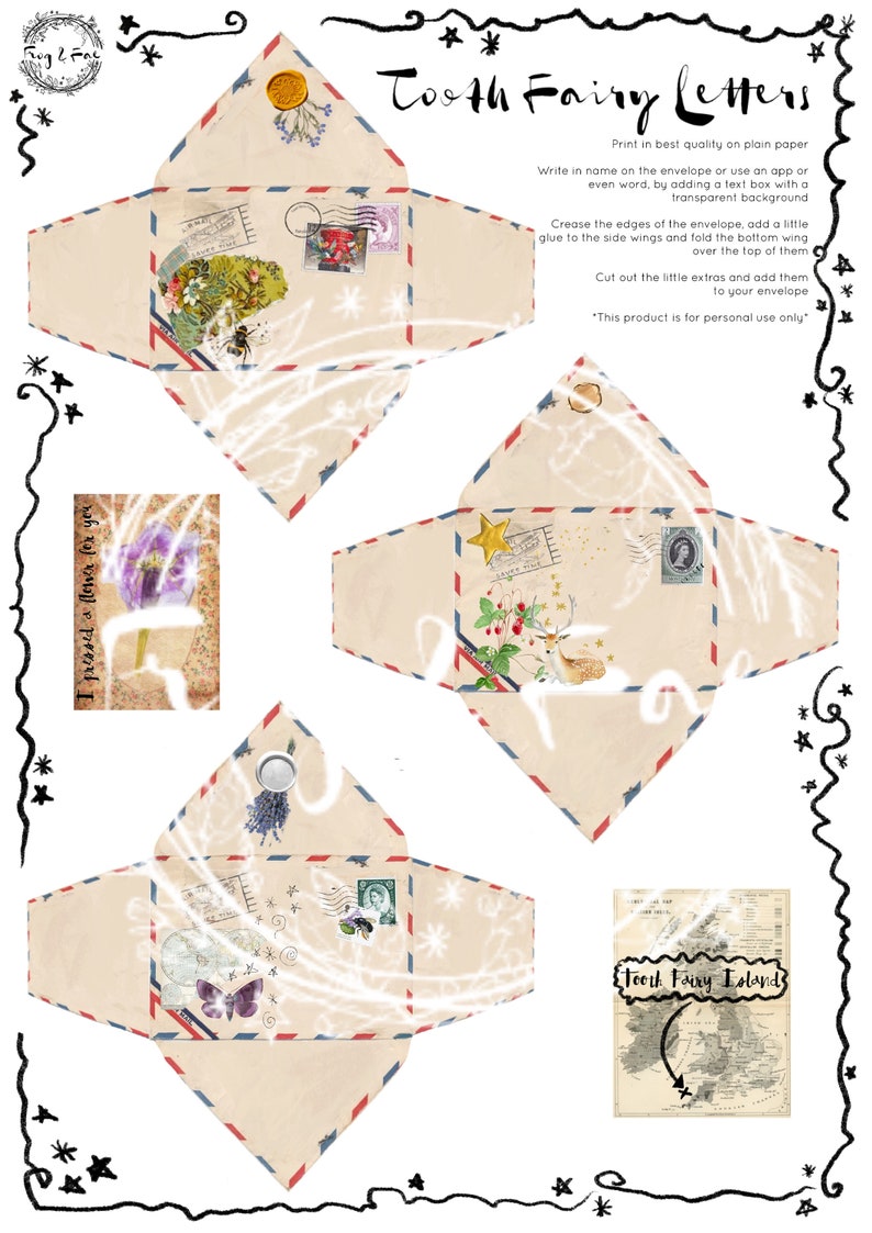 Puede incluir: Plantilla de carta para el hada de los dientes imprimible con est&eacute;tica vintage. La plantilla incluye un sobre decorativo con dise&ntilde;o floral, un mapa de la Isla del Hada de los Dientes y una tarjeta peque&ntilde;a con el texto "Presion&eacute; una flor para ti".