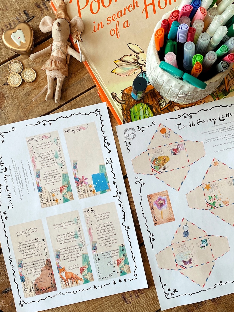 Puede incluir: Un conjunto de plantillas de cartas de la hada de los dientes imprimibles con un dise&ntilde;o caprichoso que presenta un hada, flores y estrellas. El conjunto incluye una plantilla de carta, un sobre peque&ntilde;o y una tarjeta de notas. El papel es blanco con tinta negra.
