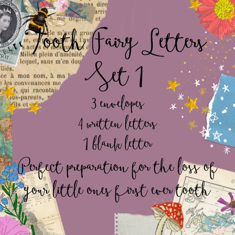 Puede incluir: Un fondo morado con un collage de im&aacute;genes y texto. El texto dice "Tooth Fairy Letters Set 1", "3 sobres", "4 cartas escritas", "1 carta en blanco", y "Preparaci&oacute;n perfecta para la p&eacute;rdida del primer diente de tus peque&ntilde;os".