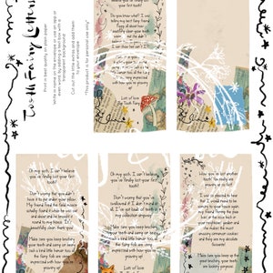 Puede incluir: Cuatro cartas de la hada de los dientes con un dise&ntilde;o caprichoso. Cada carta presenta una ilustraci&oacute;n de un zorro, un hongo y un mensaje escrito a mano sobre la p&eacute;rdida de un diente. Las cartas est&aacute;n impresas en un fondo marr&oacute;n claro con un borde blanco.