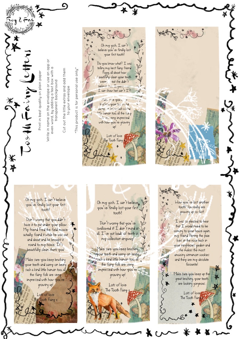 Puede incluir: Cuatro cartas de la hada de los dientes con un dise&ntilde;o caprichoso. Cada carta presenta una ilustraci&oacute;n de un zorro, un hongo y un mensaje escrito a mano sobre la p&eacute;rdida de un diente. Las cartas est&aacute;n impresas en un fondo marr&oacute;n claro con un borde blanco.