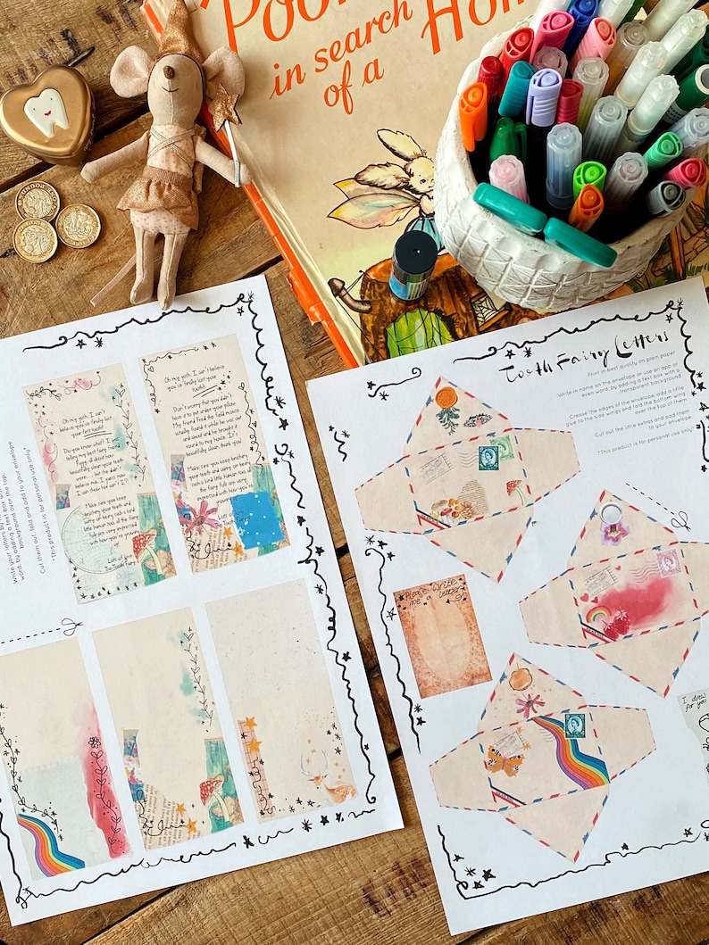 May include: A printable set of tooth fairy letter templates with a whimsical design featuring stars, rainbows, and butterflies. The printable set includes a blank letter template and a pre-designed letter template with the text "To the Fairy Letters".