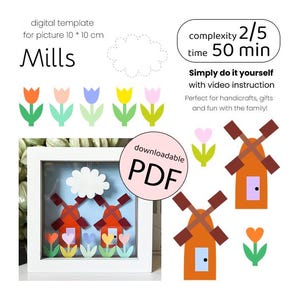 Modello di artigianato fai da te con mulini e tulipani - Kit di carta 3D facile da ritagliare, progetto artistico per la decorazione della casa, attività divertente per la famiglia, video dettagliato in formato PDF stampabile