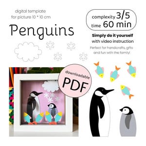 Ambachtelijke sjabloon pinguïns: eenvoudig uitgesneden 3D-papierpakket, woondecoratiekunstproject, leuke gezinsactiviteit, afdrukbare pdf met gedetailleerde videogids