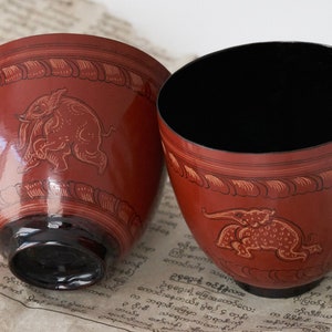 Lacquer Drinking Cup Bowl Elephant Designs Original Lacquerware from Bagan Burma / Myanmar image 1