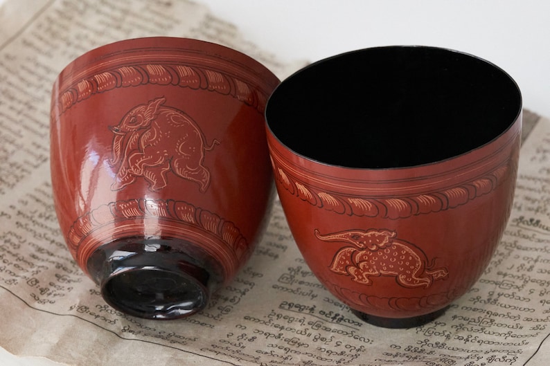 Lacquer Drinking Cup Bowl Elephant Designs Original Lacquerware from Bagan Burma / Myanmar image 1