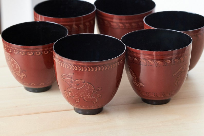 Lacquer Drinking Cup Bowl Elephant Designs Original Lacquerware from Bagan Burma / Myanmar image 2