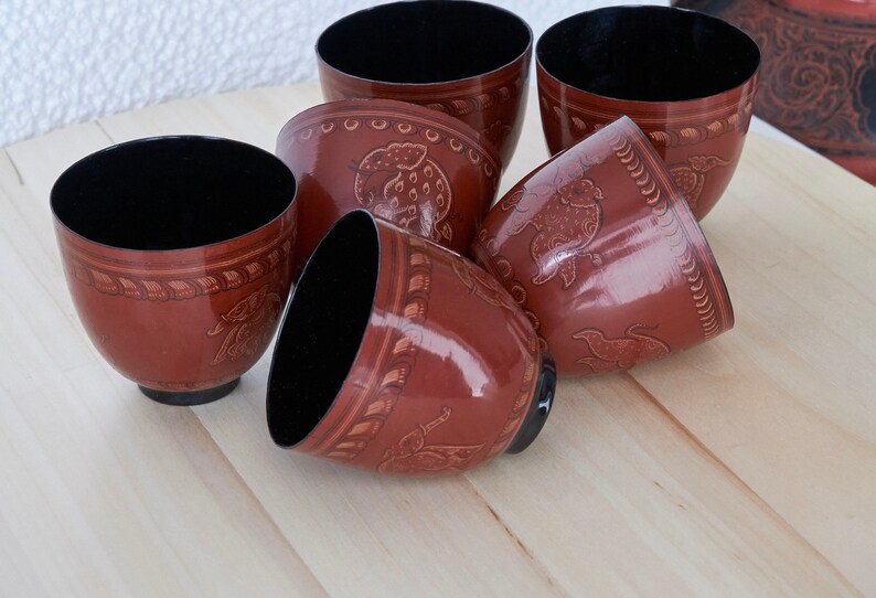 Lacquer Drinking Cup Bowl Elephant Designs Original Lacquerware from Bagan Burma / Myanmar image 7