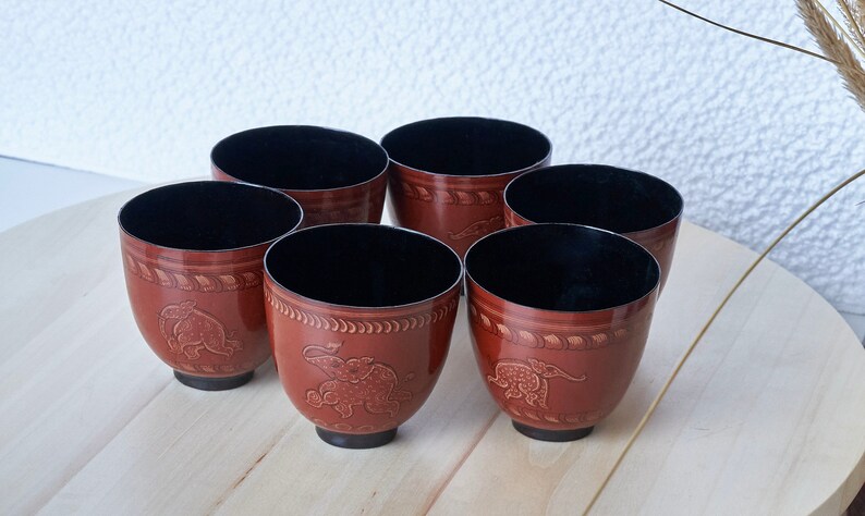 Lacquer Drinking Cup Bowl Elephant Designs Original Lacquerware from Bagan Burma / Myanmar image 8