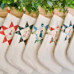 Choose Your Own Nutcracker Characters Heirloom Quilted Stockings with White Gold Star Background