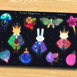 Feuille d'autocollants de 6 po x 4 po. Magiciens scandinaves magiques, créatures de la forêt, renard, chat, lapin, décoration de journal de scrapbooking imperméable à l'eau
