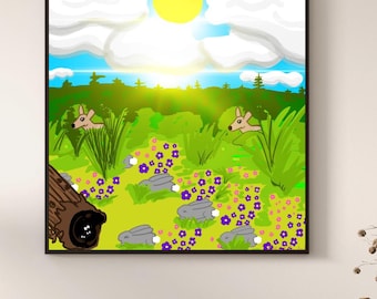Murmures du printemps : harmonie des bois canalisée par l'esprit - prairie ensoleillée - chevreuil- fleurs- lapins - oeuvre d'art canalisée par l'esprit pour la saison (20 x 20 po.)