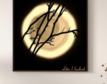 Enchantement au clair de lune : impression d'art branches de pleine lune (20 x 20 po.)