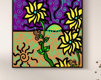 Le soleil brille ici et là- Art d'esprit amérindien canalisé (20 x 20 po.)-Fleurs abstraites-jaune violet-impression d'art abstrait