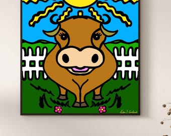 Happy Heifer - Art abstrait de l'esprit de la vache (20 x 20 po.)