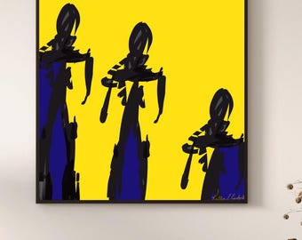 Révérence - Art inspiré des esprits amérindien (20 x 20 po.) - jaune et bleu - 3 figurines - impression d'art abstrait