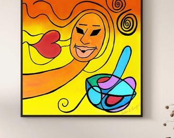 Tous les chemins reviennent à vous : impression lunatique de femme d'esprit, inspirée par l'amour, 20 x 20 pouces, art intuitif amérindien