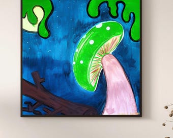 Magie sur le sol de la forêt - impression d'art canalisée esprit libre - champignon-scène de la nature-forêt au clair de lune (20 x 20 po.)