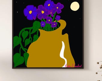 Sérénité de minuit - Impression d'art esprit, 20 x 20 po. Art canalisé par l'esprit, art intuitif amérindien, fleurs violettes et vase terrestre, lune