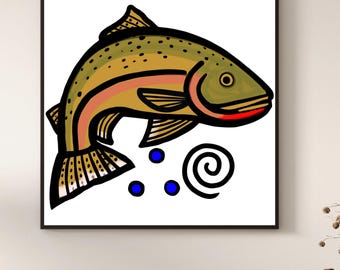 Un p'tit fard - truite fardée - pêcheur - poisson - subsistance - appréciation de la nature - amateurs de pêche - impression d'art (20 x 20 po.)